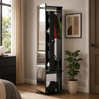 Modern rotatable full-length mirror cabinet with hidden storage shelves and wooden finish for bedroom organization