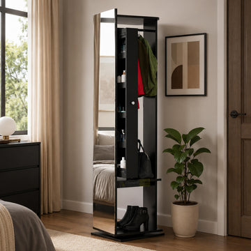 Modern rotatable full-length mirror cabinet with hidden storage shelves and wooden finish for bedroom organization