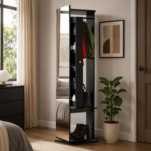 Modern rotatable full-length mirror cabinet with hidden storage shelves and wooden finish for bedroom organization
