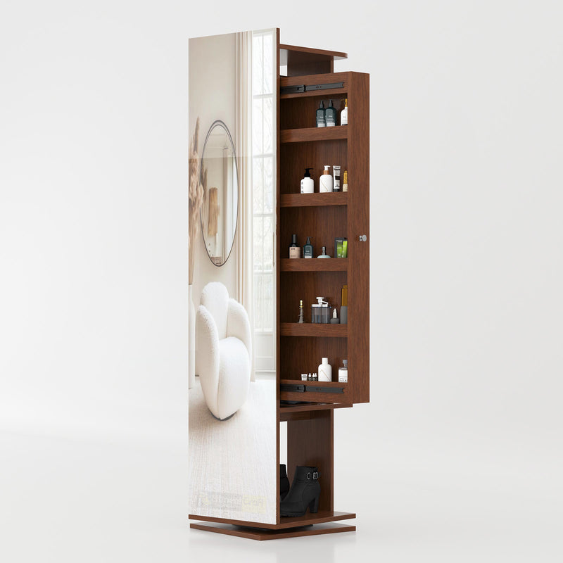 Space-saving wooden rotating mirror wardrobe with storage shelves and hanging space for modern bedrooms