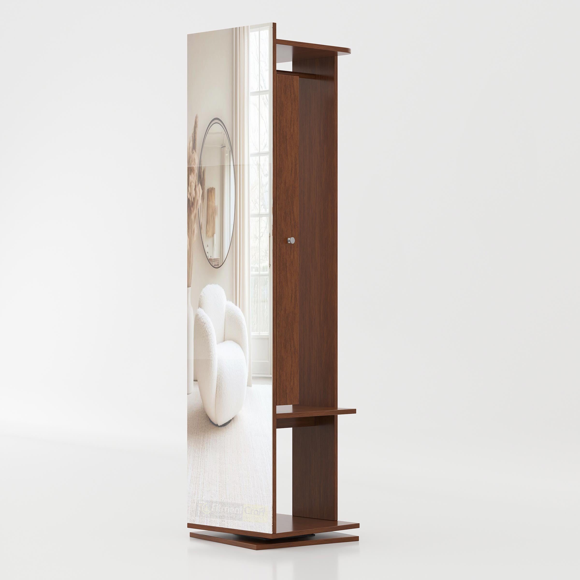 Elegant rotating dressing mirror with storage shelves and engineered wood finish for compact living spaces