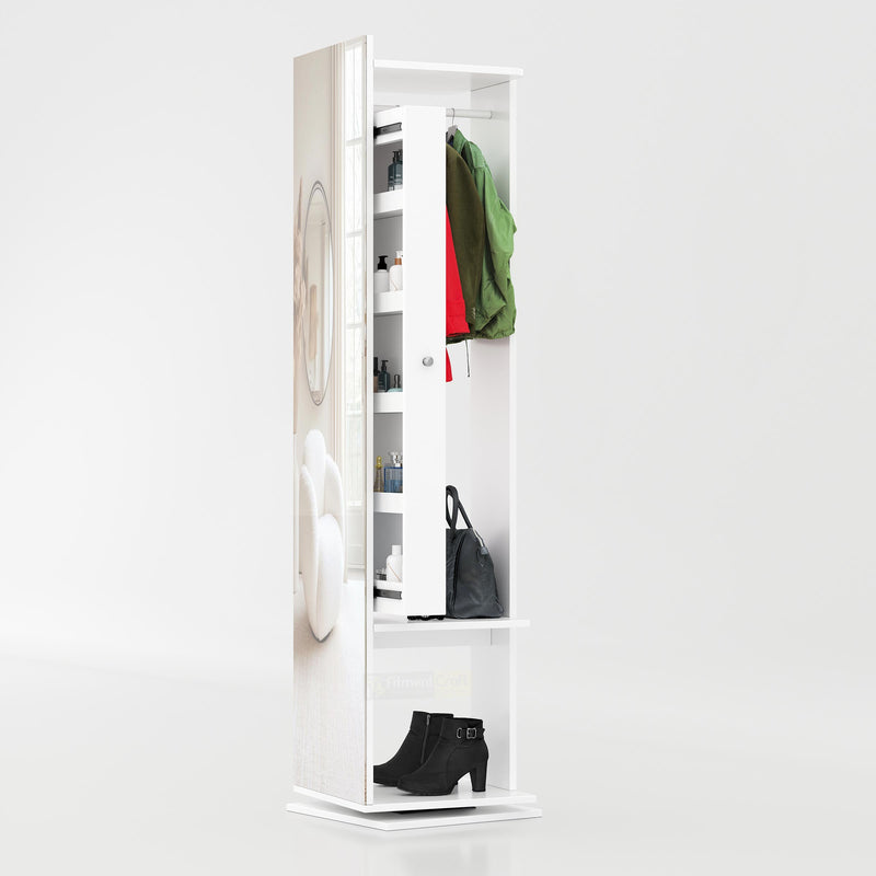 Contemporary full-length mirror storage cabinet with rotating design and hidden organizer shelves for home