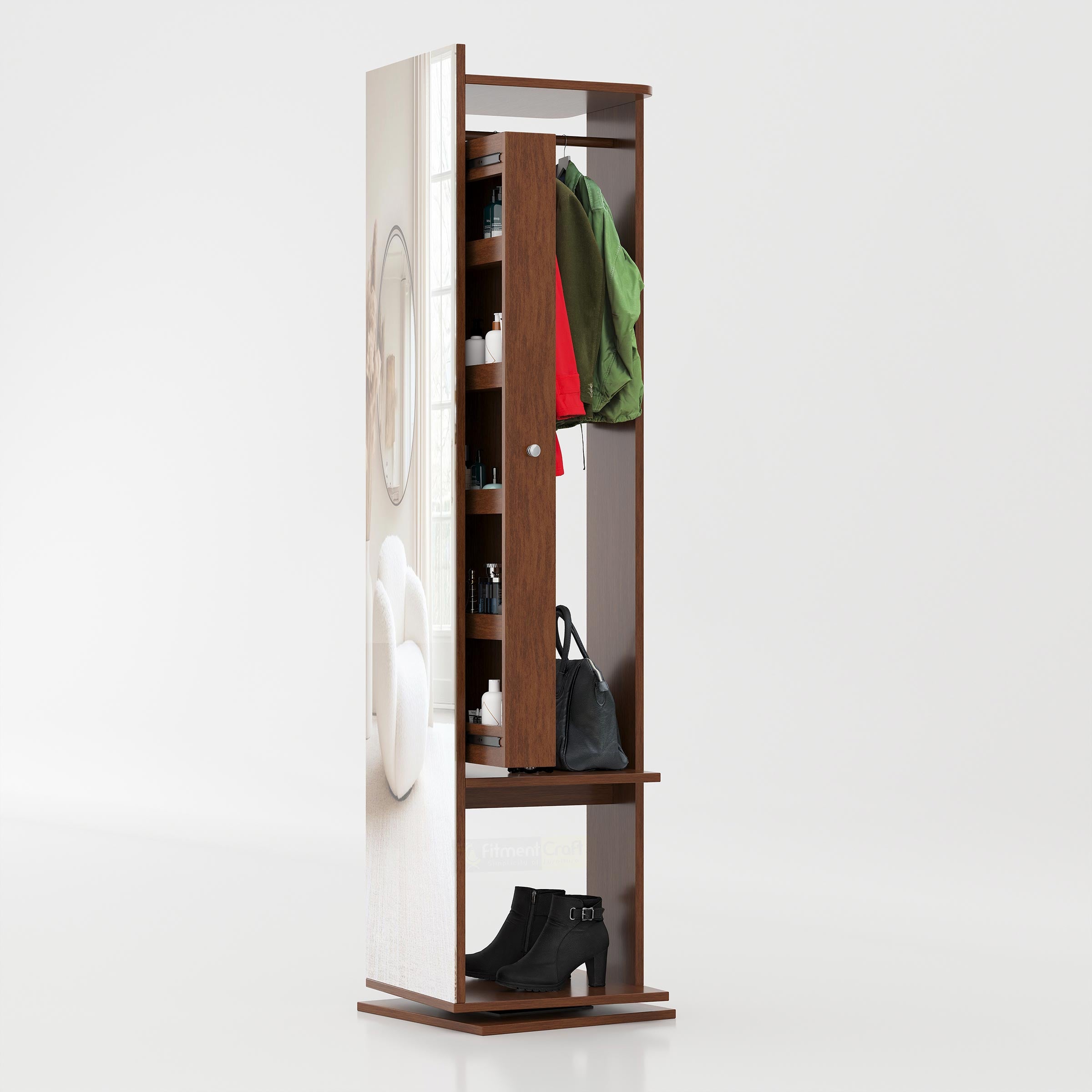 Wooden rotatable mirror organizer cabinet with hidden shelves and clothing storage for bedroom interiors
