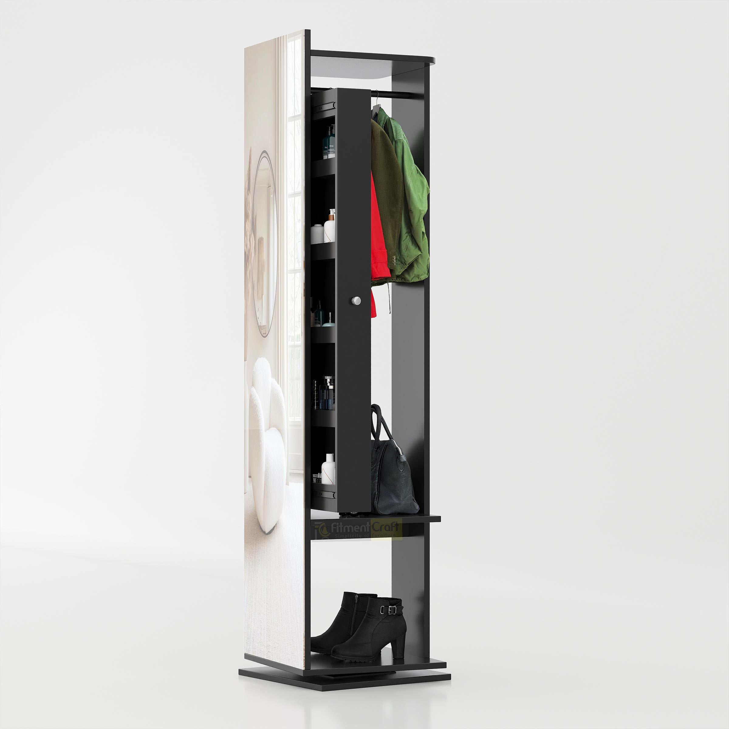 Modern standing mirror cabinet with rotating storage organizer and hanging space for dressing room use