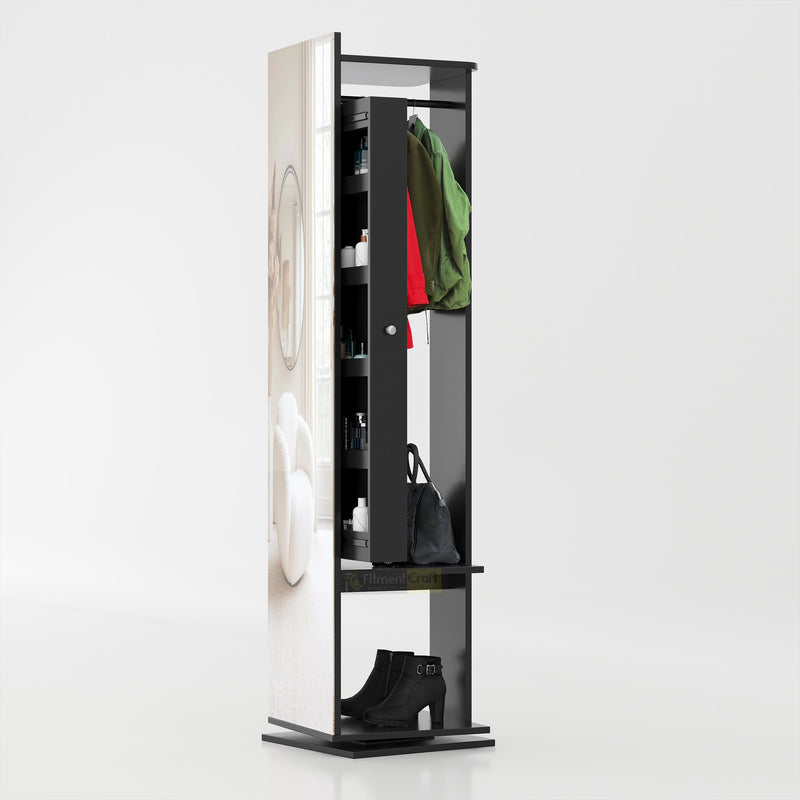 Modern standing mirror cabinet with rotating storage organizer and hanging space for dressing room use