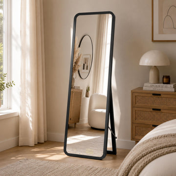Rotatable full-length mirror with solid wood frame for modern bedroom and dressing room interior decor