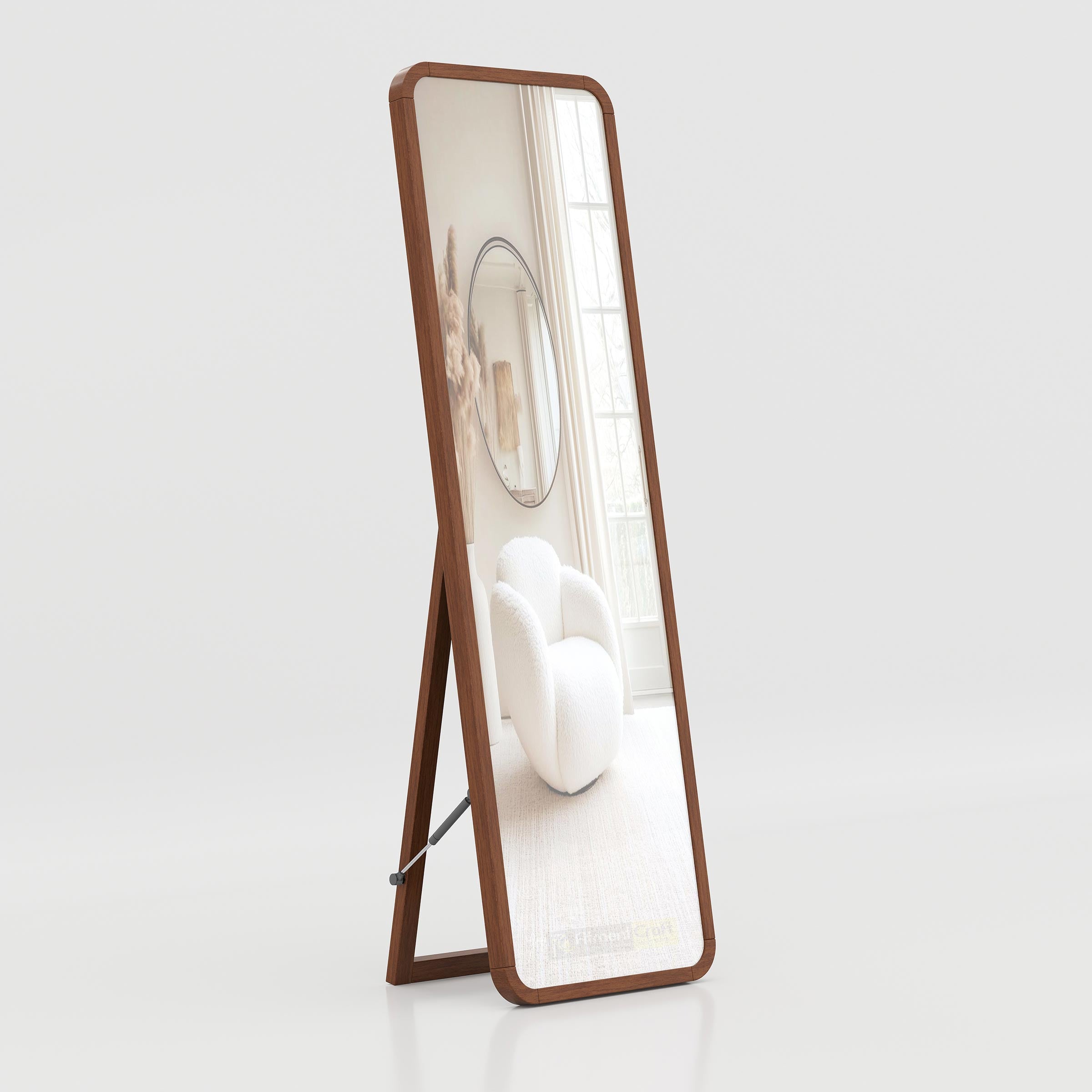 Contemporary rotatable dressing mirror with slim wooden frame for luxury living room interior styling