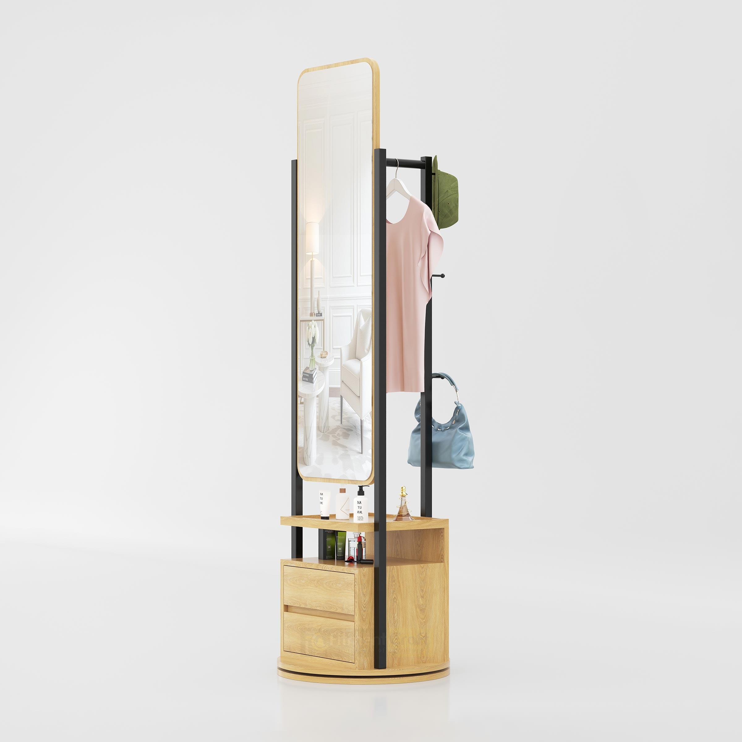 Dario Rotatable Mirror in Bangladesh for full body reflection, makeup, clothes hanging, and smart bedroom storage today!