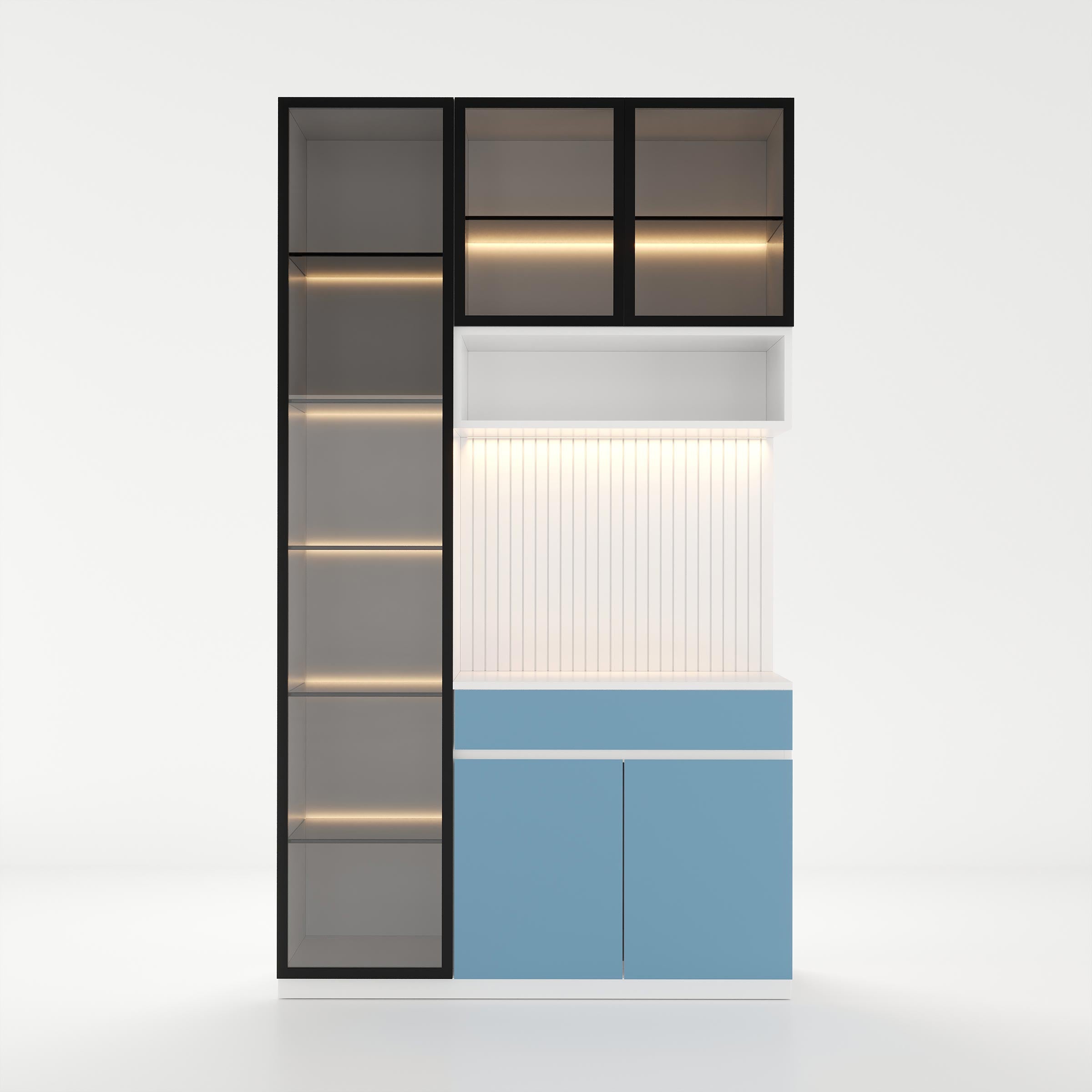 Delen Dinner Wagon modern kitchen storage unit with glass shelves LED lighting and spacious compartments for organized dining space
