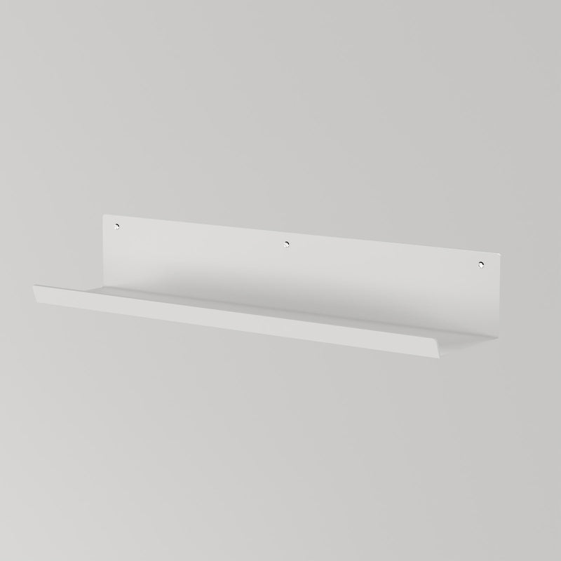 Powder-coated white wall shelf with 600mm width, ideal for organizing and enhancing room decor.