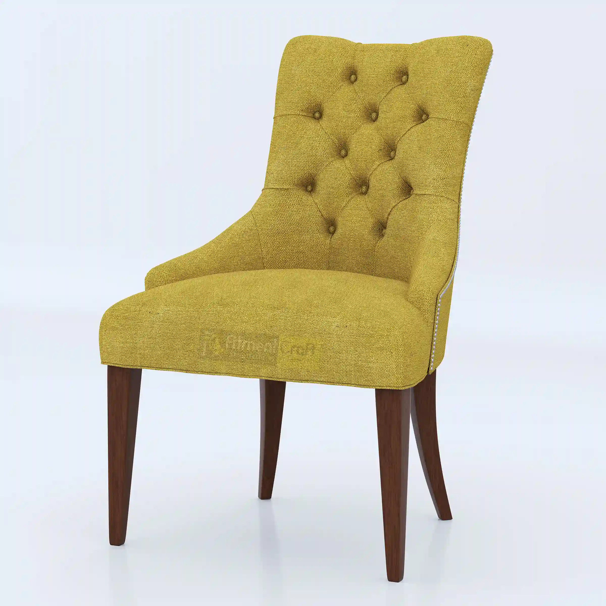 Mustard Divon Dining Chair with textured fabric upholstery, tufted back, curved armrests and wooden legs for stylish dining spaces.