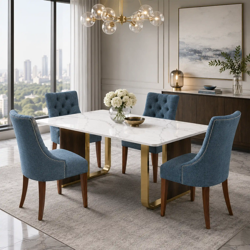 Blue upholstered Divon Dining Chair with elegant button tufting, supportive armrests and wooden legs for contemporary dining rooms.