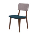 Ziven modern home chair with blue faux leather seat and patterned fabric backrest for stylish dining room in Bangladesh.