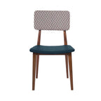 Modern wooden dining chair with blue faux leather cushion and fabric backrest for home, cafe and office in Bangladesh BD