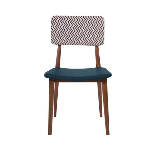 Modern wooden dining chair with blue faux leather cushion and fabric backrest for home, cafe and office in Bangladesh BD