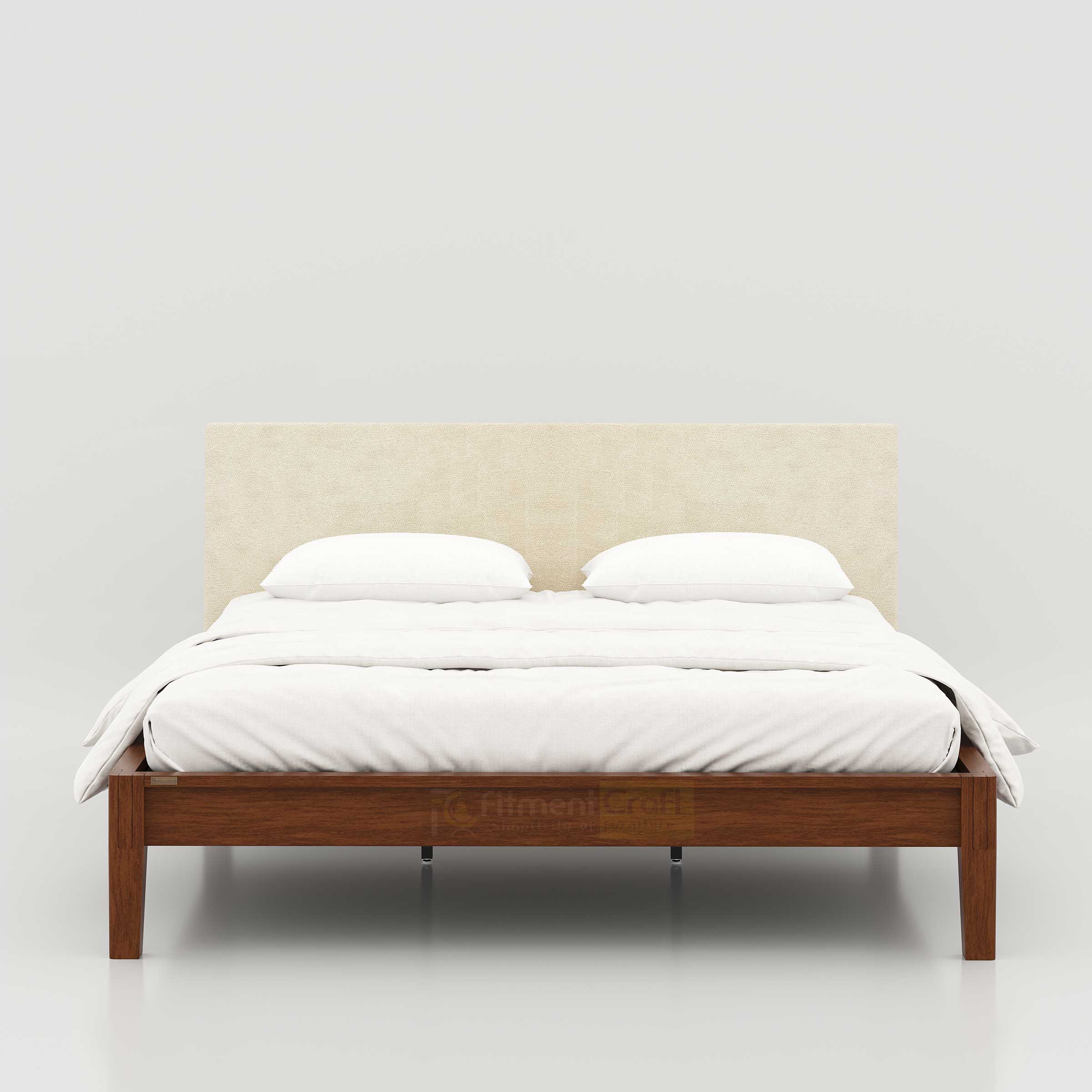Enora King Size Bed with modern minimalist design, upholstered backrest and strong wooden frame for contemporary bedrooms.