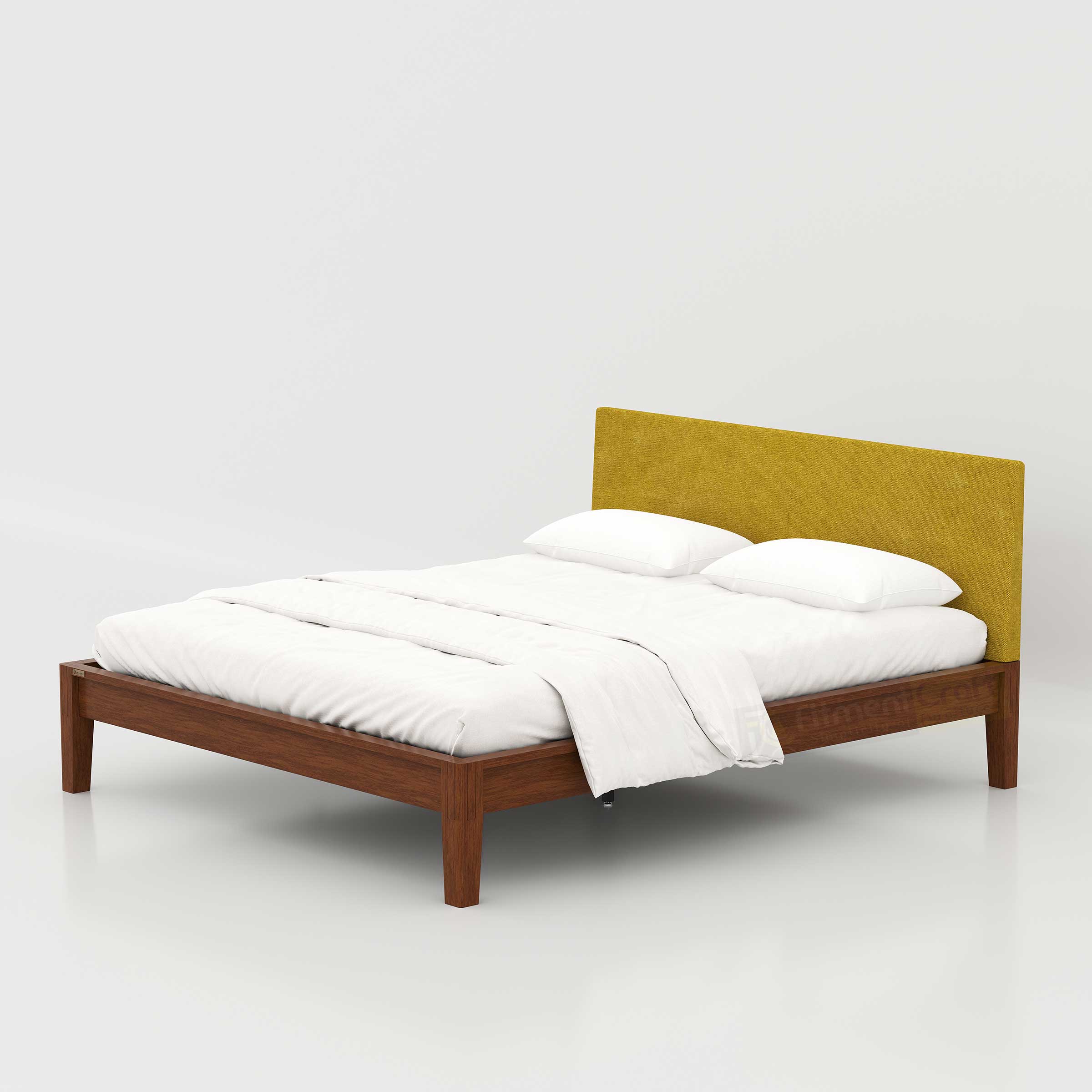 Modern Enora King Size Bed with solid wood legs, smooth lacquer finish and padded fabric headboard for everyday comfort.
