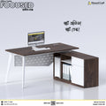Focused executive desk with open side shelving shown from the front left