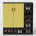 Modern yellow and black shoe rack cabinet with closed doors and open side shelves for organized footwear storage