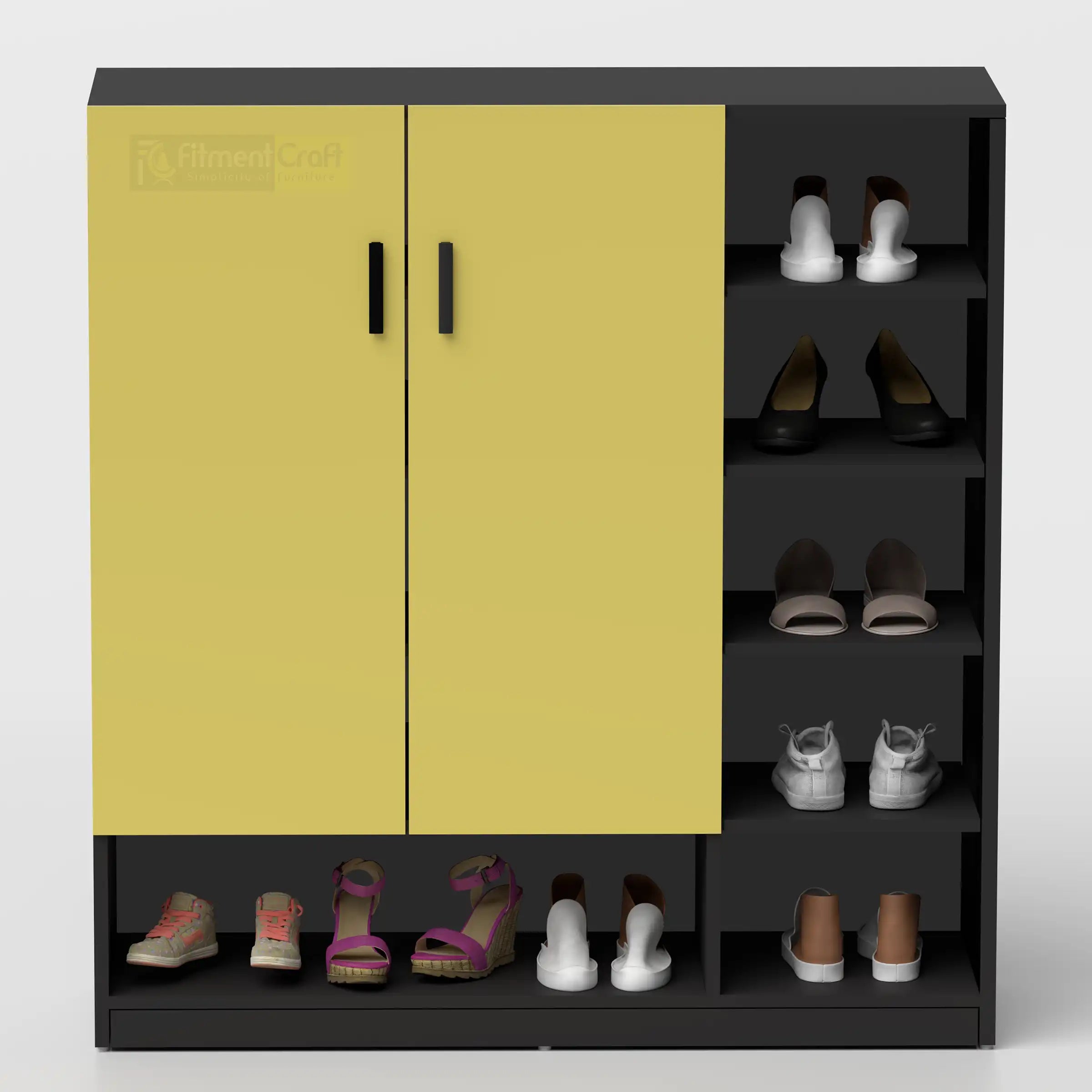 Modern yellow and black shoe rack cabinet with closed doors and open side shelves for organized footwear storage