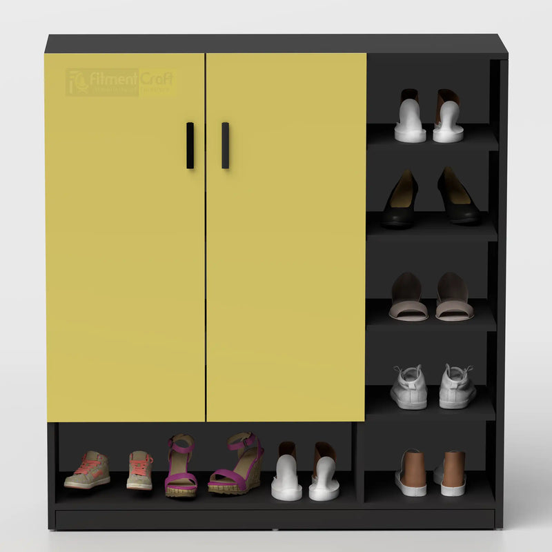Modern yellow and black shoe rack cabinet with closed doors and open side shelves for organized footwear storage