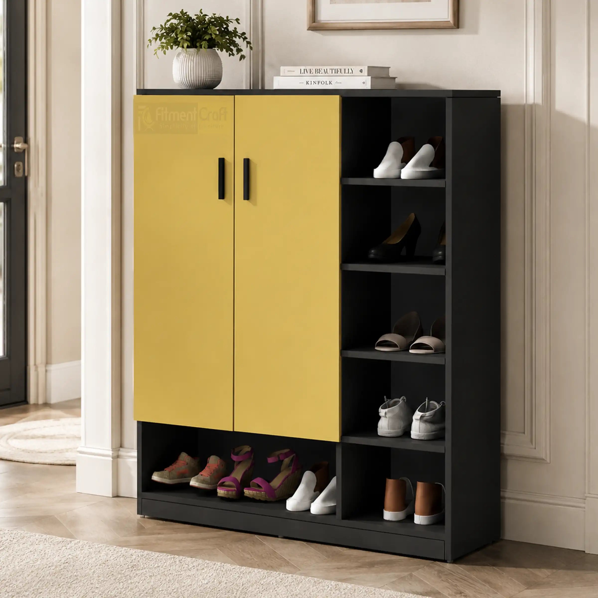 Premium yellow and black shoe storage cabinet in a modern home entryway with multiple open shelves