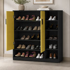 Yellow and black shoe rack cabinet with open doors showing spacious multi-shelf footwear storage design