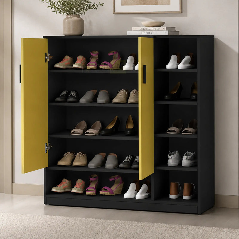 Yellow and black shoe rack cabinet with open doors showing spacious multi-shelf footwear storage design