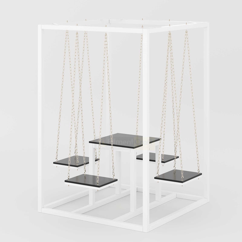 Galactic Swing Table TV6-002 commercial hanging seat table set with MS box frame for restaurant and resort spaces.