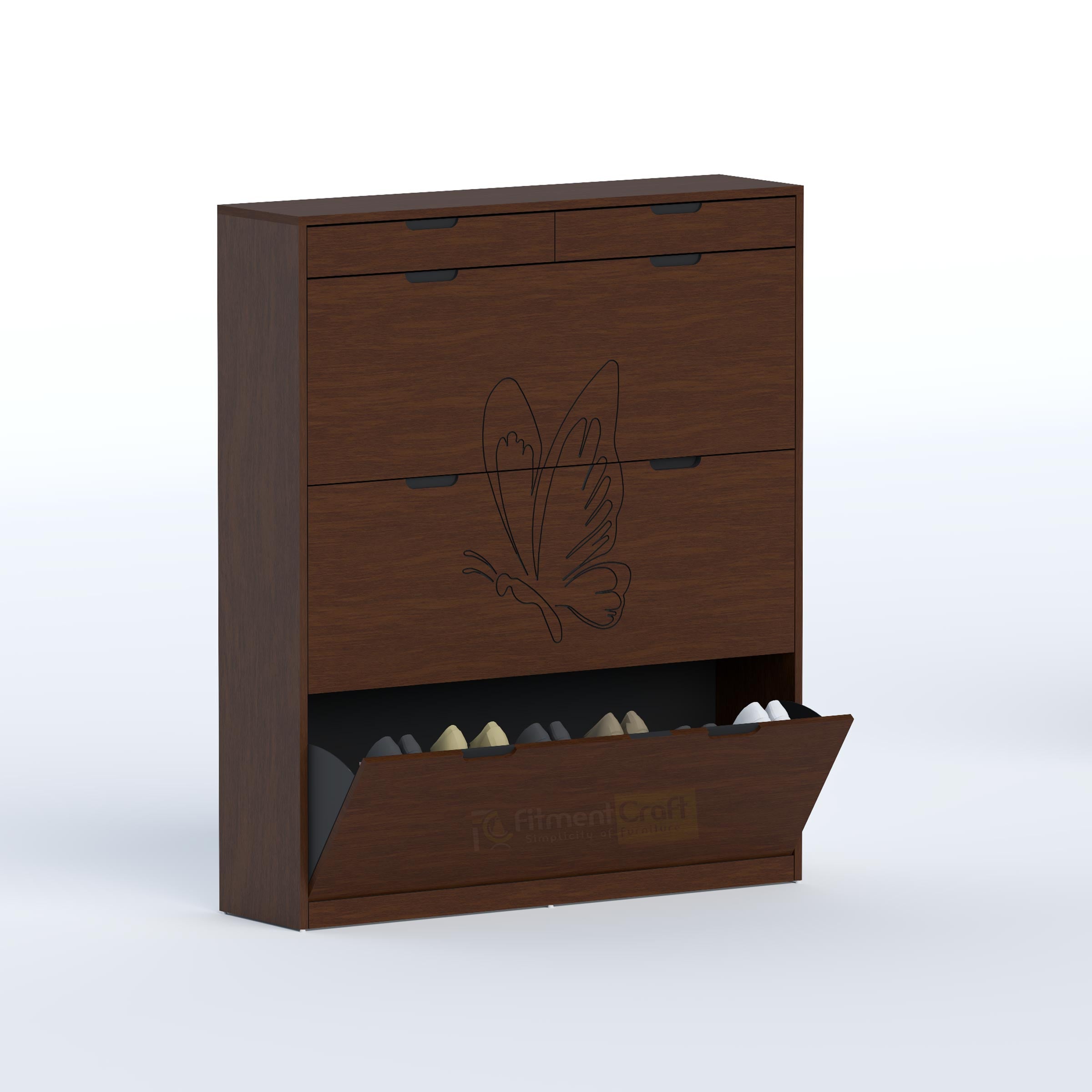 Space-saving Genre Shoe Rack for bedrooms and offices with 180 mm depth and decorative butterfly front.