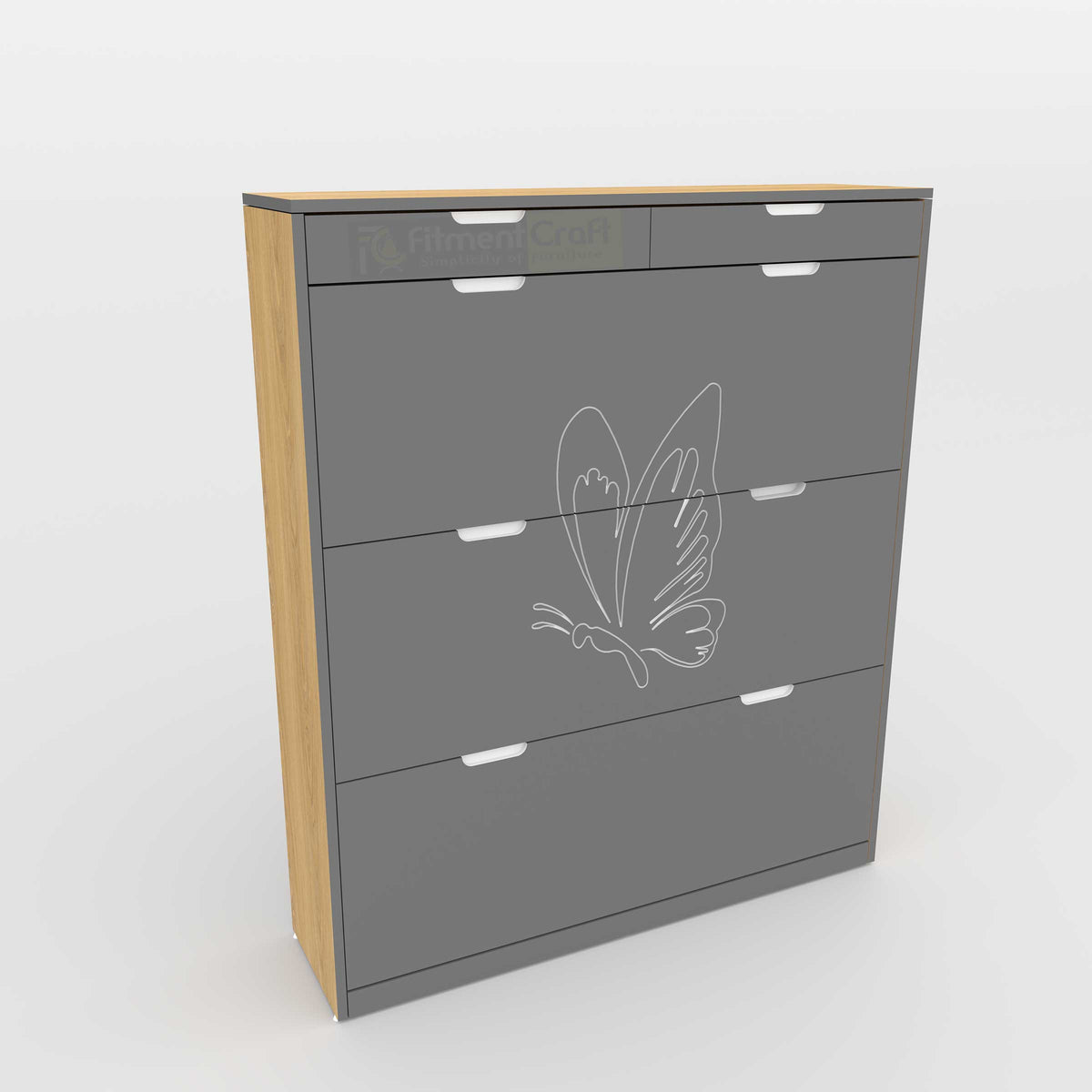A modern 4-drawer chest with a gray front, light wood side panels, and a white butterfly line-art graphic on the front, shown on a light gray background.