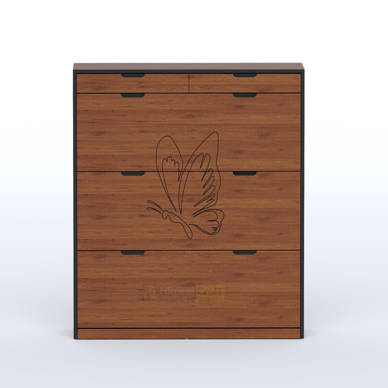 Genre Shoe Rack with slim wooden cabinet, butterfly design, top drawers and closed storage for modern bedrooms.