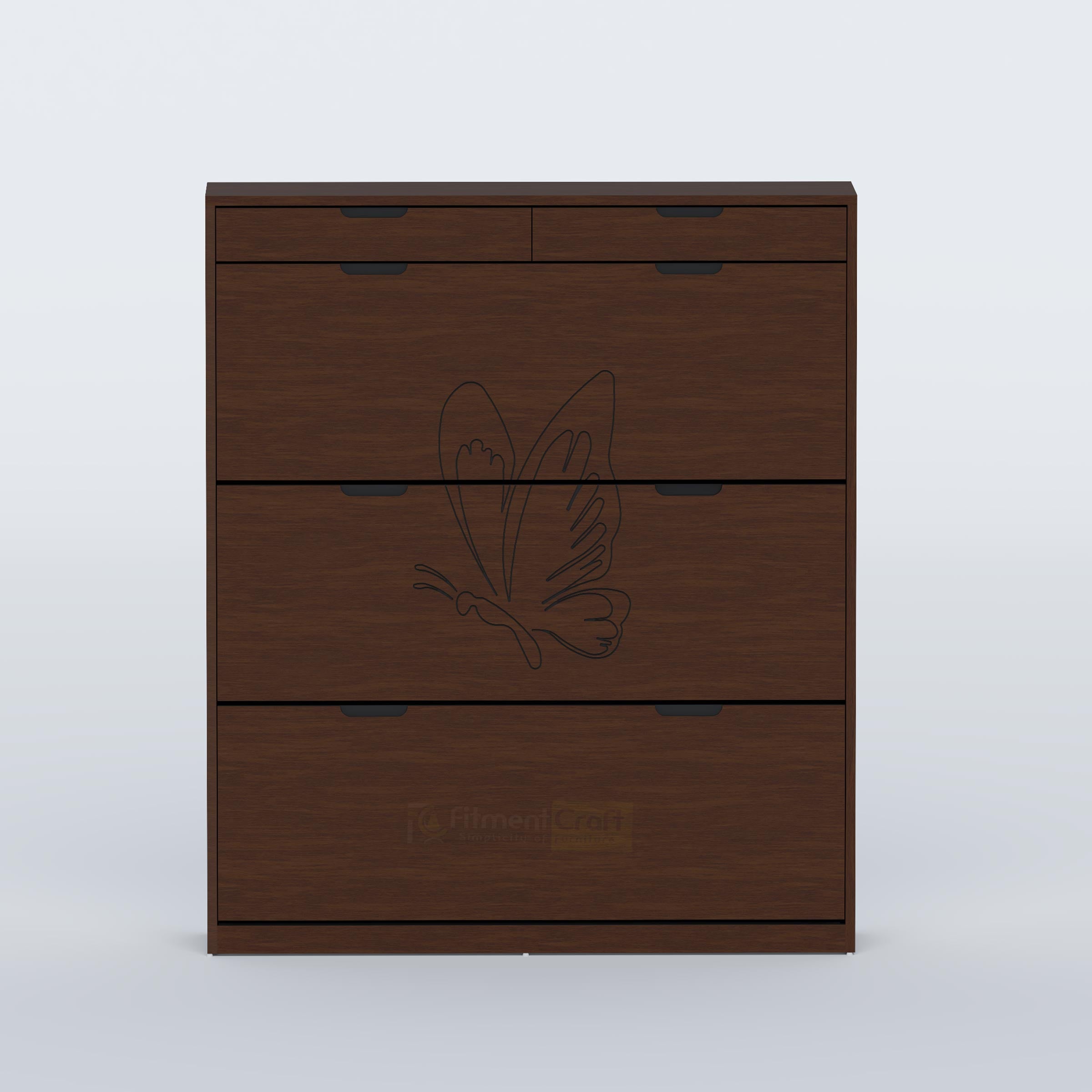 Genre Shoe Rack in engineered wood finish with slim dimensions, organized storage and modern closed design.