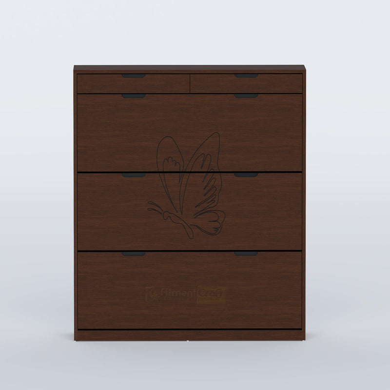 Genre Shoe Rack in engineered wood finish with slim dimensions, organized storage and modern closed design.