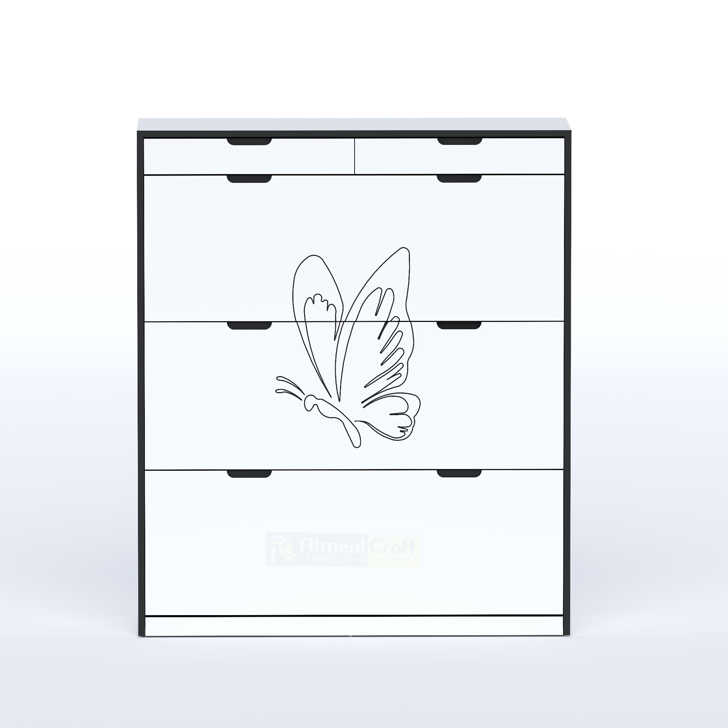 Space-saving Genre Shoe Rack for bedrooms and offices with 180 mm depth and decorative butterfly front.