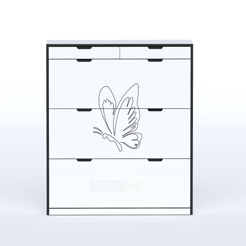 Space-saving Genre Shoe Rack for bedrooms and offices with 180 mm depth and decorative butterfly front.