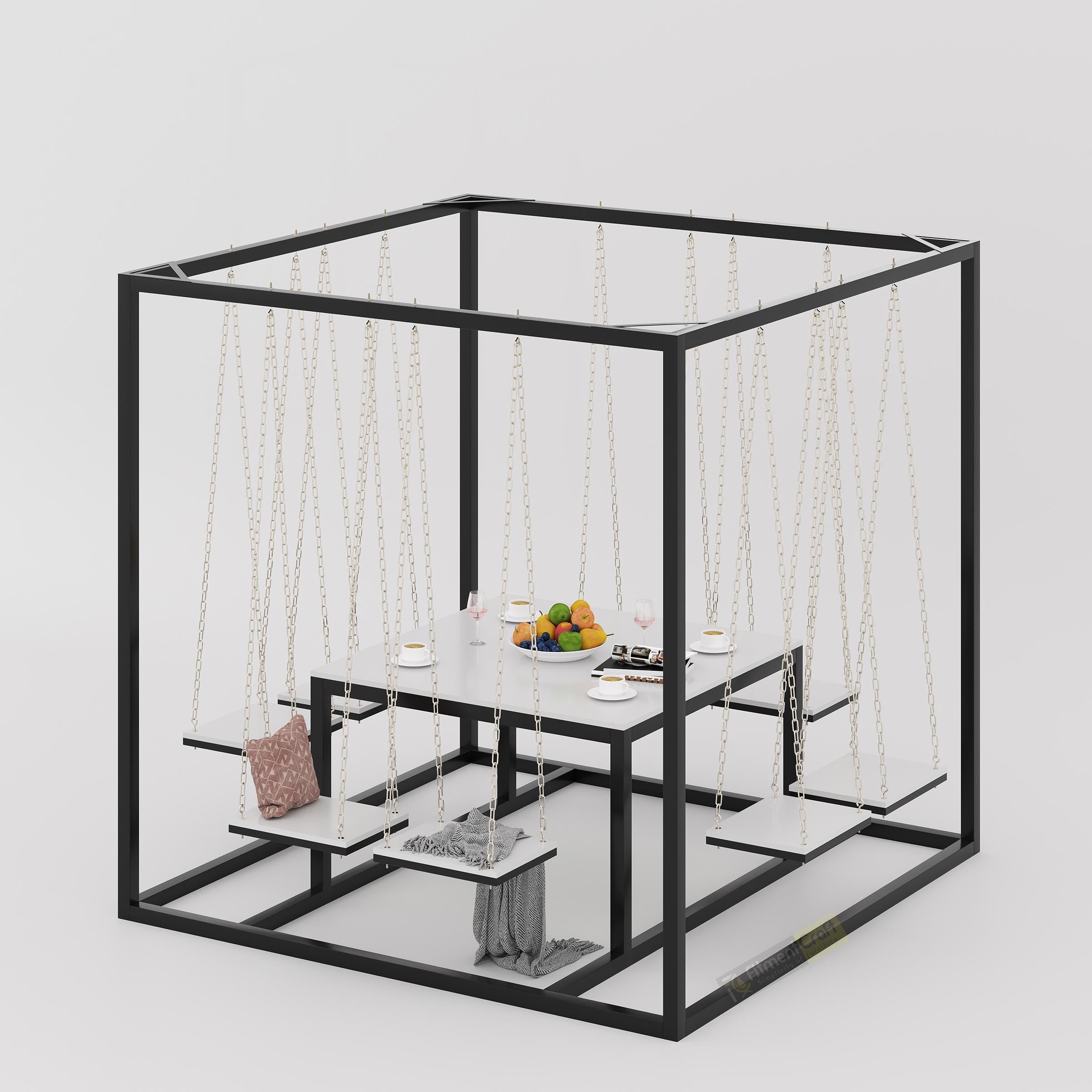 Black Glorious Swing Table TV6-001 with hanging dining seats and modern square frame