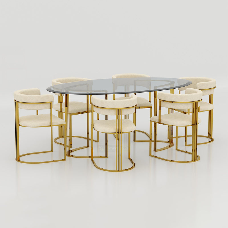 Luxury Halen dining table featuring transparent glass top and elegant golden metal structure.