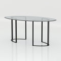 Modern oval glass dining table with golden SS frame designed for luxury dining rooms and premium spaces.
