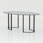 Modern oval glass dining table with golden SS frame designed for luxury dining rooms and premium spaces.