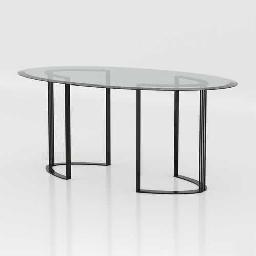 Modern oval glass dining table with golden SS frame designed for luxury dining rooms and premium spaces.
