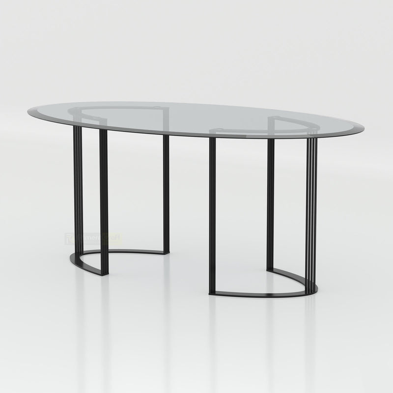 Modern oval glass dining table with golden SS frame designed for luxury dining rooms and premium spaces.