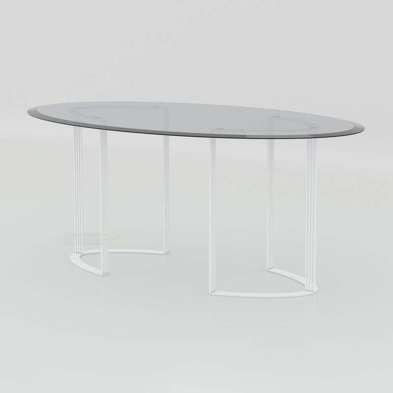Halen golden dining table design with elegant glass surface and durable metal base for premium spaces.