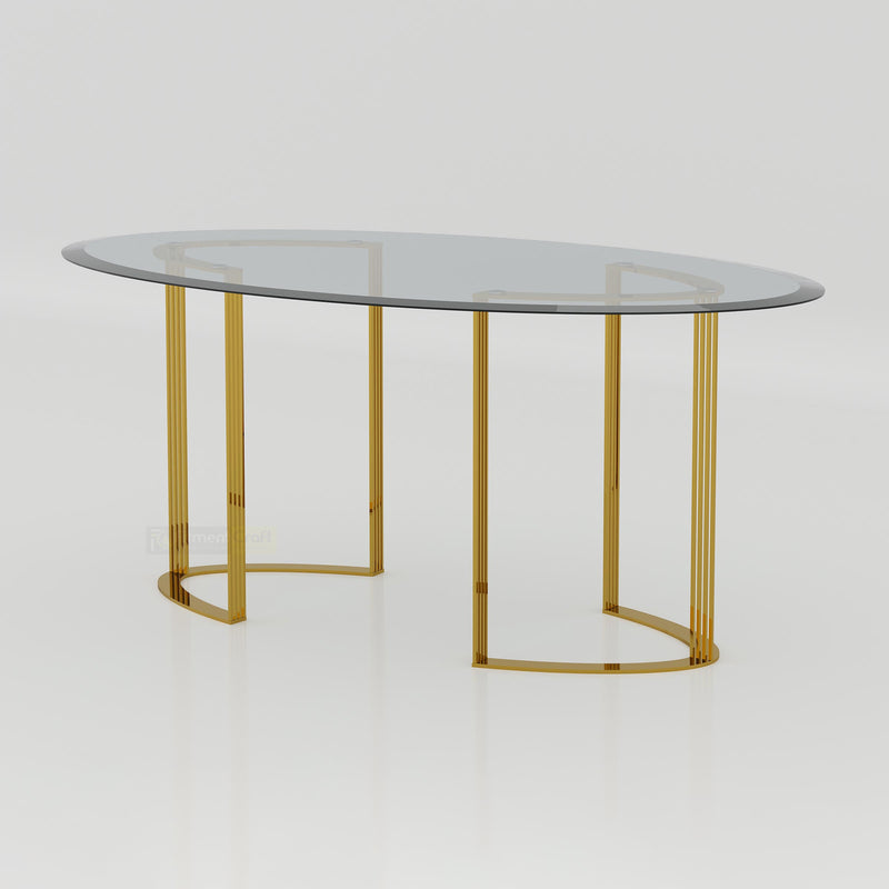 Halen golden dining table with tempered glass top and luxury metal base for modern home and restaurant interiors.