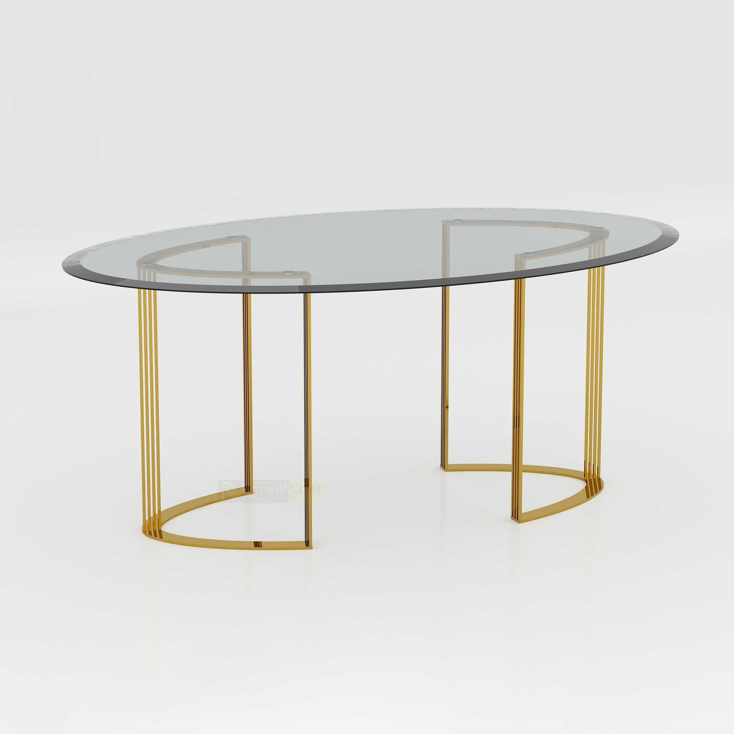 Modern luxury dining table featuring 10mm tempered glass top and stylish golden metal legs.