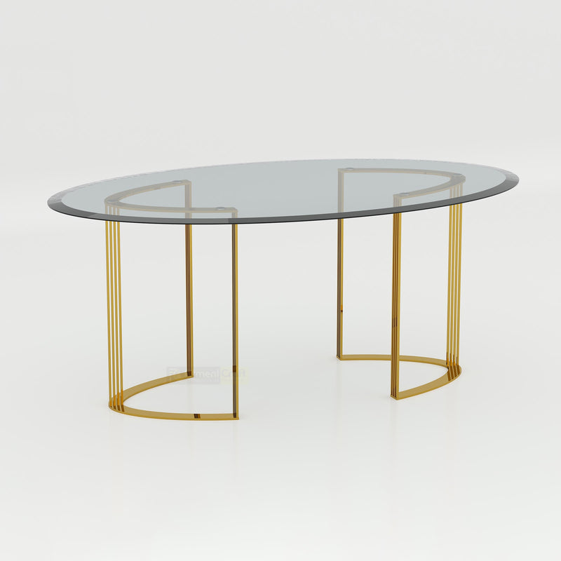 Modern luxury dining table featuring 10mm tempered glass top and stylish golden metal legs.