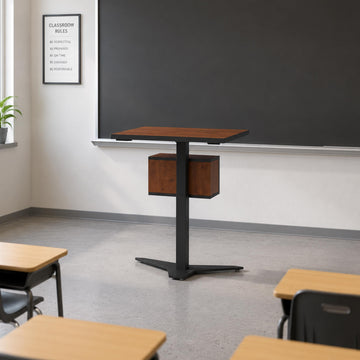 Contemporary classroom teacher table with durable laminating board and powder coated metal base