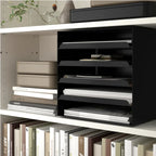 Compact black office file tray with pull-out cork-lined compartments for organised paper and document storage.