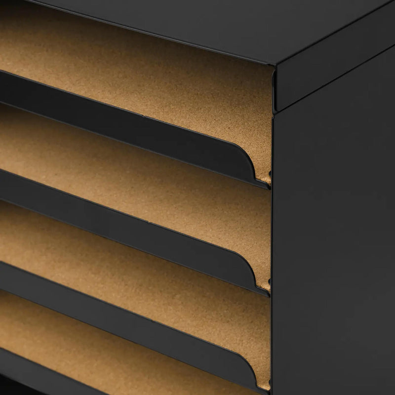 Harvmatta multi-compartment letter tray in black steel for storing documents, notebooks, mail and desk supplies.