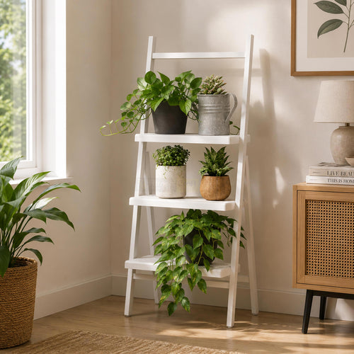 Modern Helon ladder plant stand with multi-tier shelves for indoor plants in living room corner décor setup
